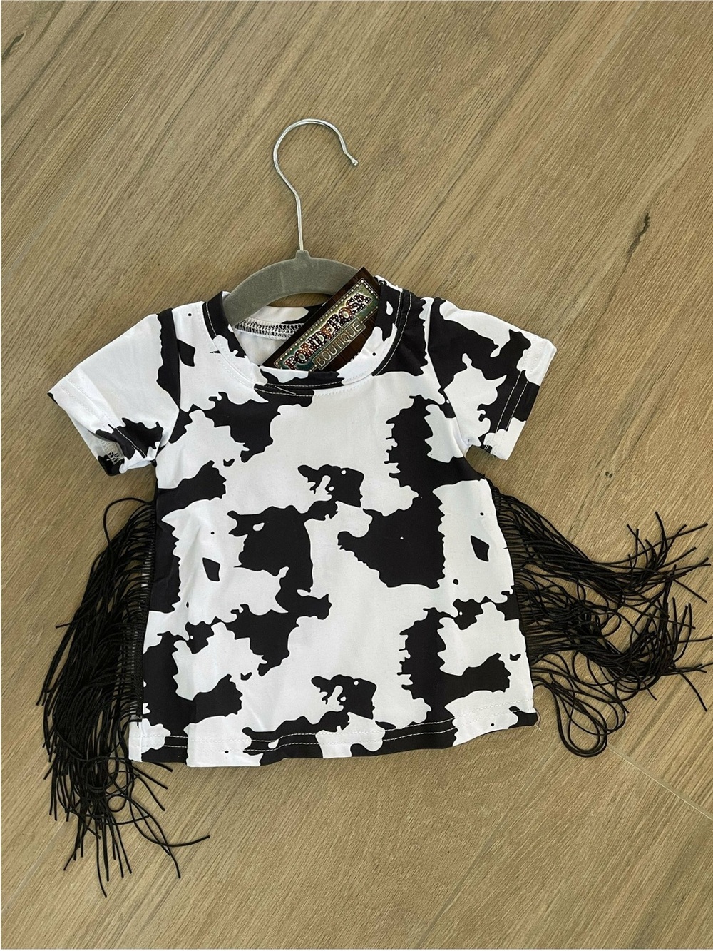 Kids Black & White Cow Print Fringe Tee by